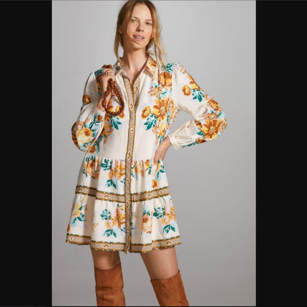 Anthropologie Tiered Mini Dress Ivory